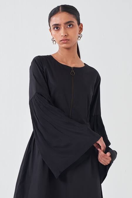Buy Three Black Crepe, Poplin Round Neck Frilly Bell Sleeves Midi Dress Online at Aza Fashions Buy_Three_Black Crepe, Poplin Round Neck Frilly Bell Sleeves Midi Dress _Online_at_Aza_Fashions