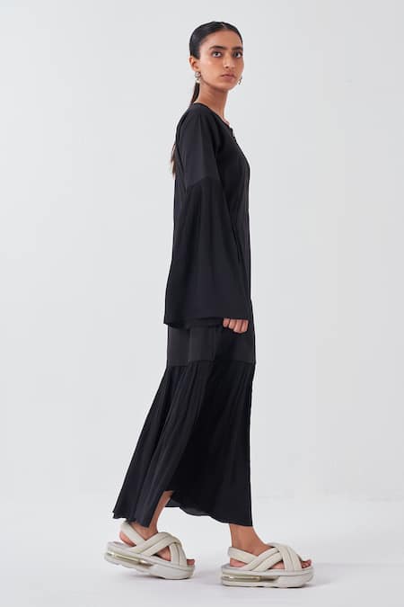 Shop Three Black Crepe, Poplin Round Neck Frilly Bell Sleeves Midi Dress Online at Aza Fashions Shop_Three_Black Crepe, Poplin Round Neck Frilly Bell Sleeves Midi Dress _Online_at_Aza_Fashions
