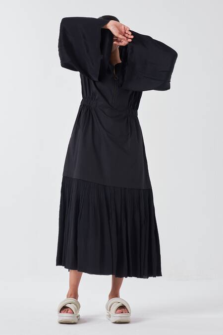 Buy Three Black Crepe, Poplin Round Neck Frilly Bell Sleeves Midi Dress Buy_Three_Black Crepe, Poplin Round Neck Frilly Bell Sleeves Midi Dress