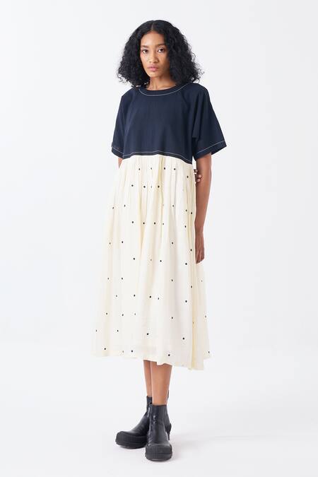 Three_Black Silk, Handloom Cotton Round Neck Ivory And Polka Print Midi Dress _Online_at_Aza_Fashions