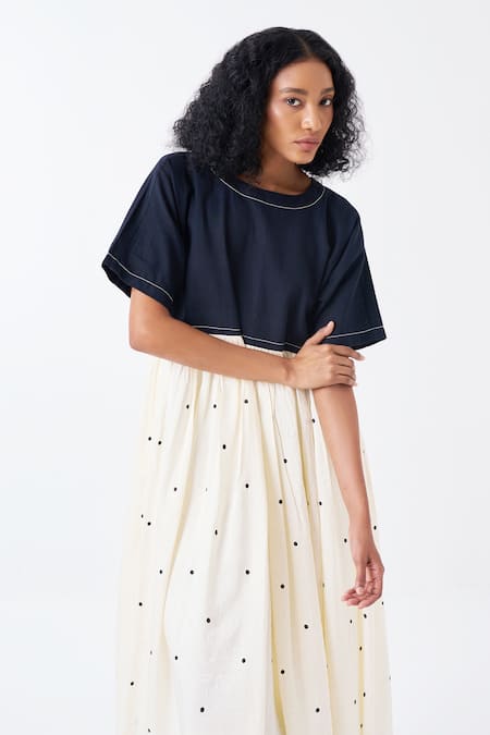 Buy_Three_Black Silk, Handloom Cotton Round Neck Ivory And Polka Print Midi Dress _Online_at_Aza_Fashions