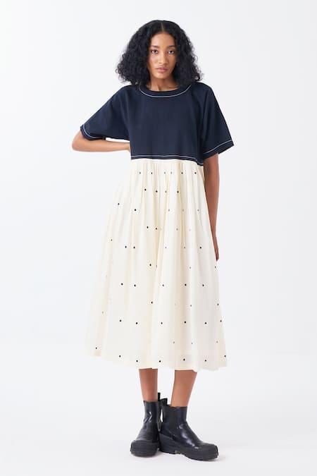 Shop_Three_Black Silk, Handloom Cotton Round Neck Ivory And Polka Print Midi Dress _Online_at_Aza_Fashions