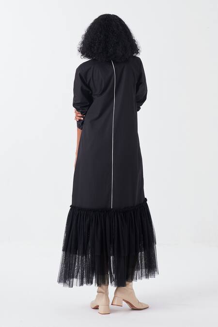 Shop Three Black Poplin Mandarin Collar Frilly Tulle Hem Dress at Aza Fashions Shop_Three_Black Poplin Mandarin Collar Frilly Tulle Hem Dress _at_Aza_Fashions