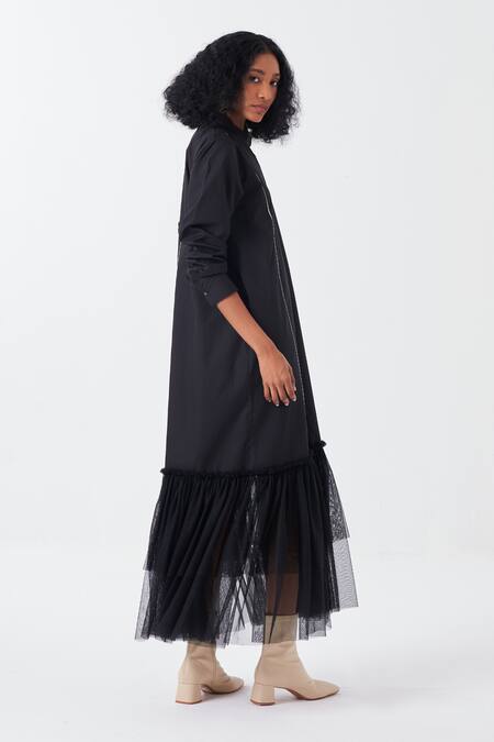 Three Black Poplin Mandarin Collar Frilly Tulle Hem Dress Online at Aza Fashions Three_Black Poplin Mandarin Collar Frilly Tulle Hem Dress _Online_at_Aza_Fashions