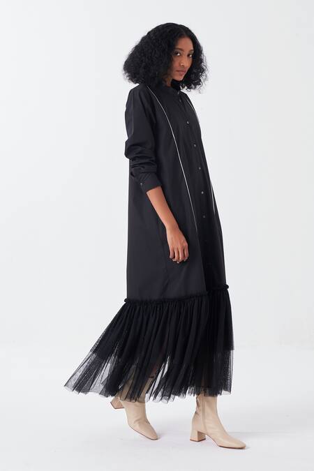 Buy Three Black Poplin Mandarin Collar Frilly Tulle Hem Dress Online at Aza Fashions Buy_Three_Black Poplin Mandarin Collar Frilly Tulle Hem Dress _Online_at_Aza_Fashions