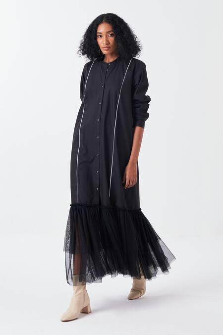 Shop Three Black Poplin Mandarin Collar Frilly Tulle Hem Dress Online at Aza Fashions Shop_Three_Black Poplin Mandarin Collar Frilly Tulle Hem Dress _Online_at_Aza_Fashions