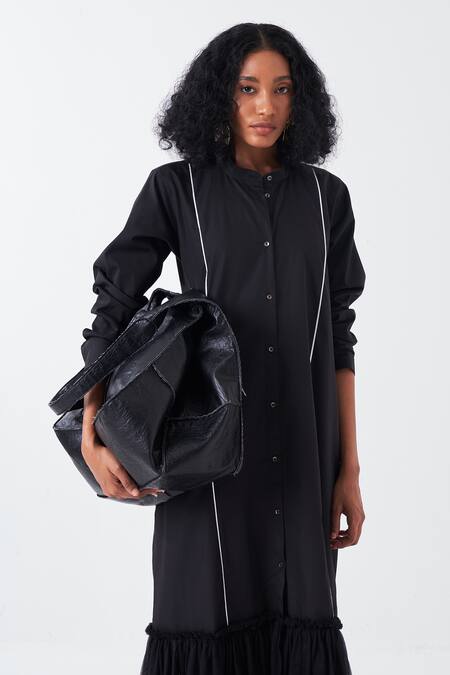 Three Black Poplin Mandarin Collar Frilly Tulle Hem Dress at Aza Fashions Three_Black Poplin Mandarin Collar Frilly Tulle Hem Dress _at_Aza_Fashions