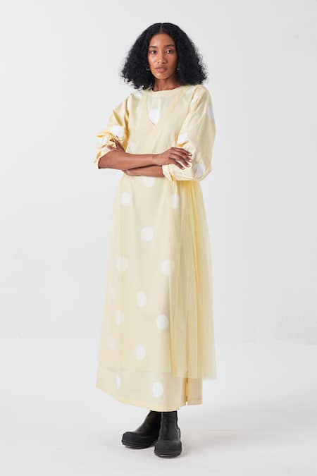 Three Yellow Poplin V-neck Butter Polka Midi Dress With Inner Online at Aza Fashions Three_Yellow Poplin V-neck Butter Polka Midi Dress With Inner _Online_at_Aza_Fashions