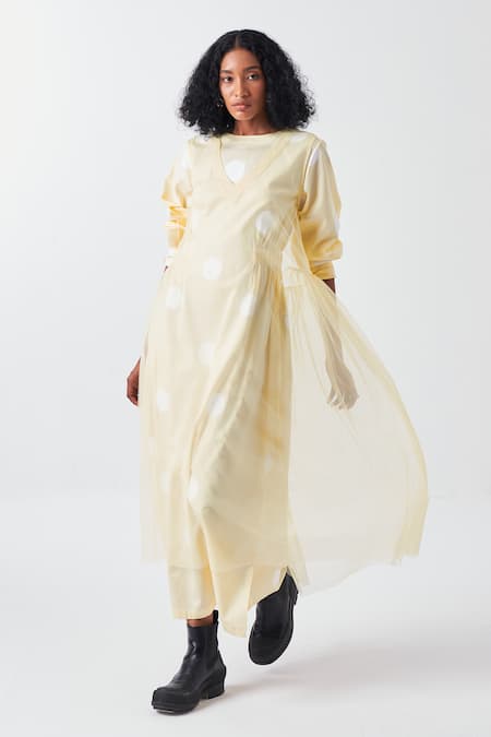 Shop Three Yellow Poplin V-neck Butter Polka Midi Dress With Inner Online at Aza Fashions Shop_Three_Yellow Poplin V-neck Butter Polka Midi Dress With Inner _Online_at_Aza_Fashions