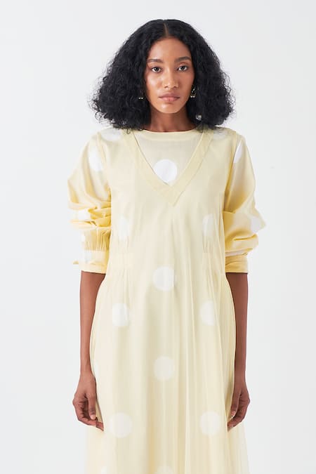 Three Yellow Poplin V-neck Butter Polka Midi Dress With Inner at Aza Fashions Three_Yellow Poplin V-neck Butter Polka Midi Dress With Inner _at_Aza_Fashions