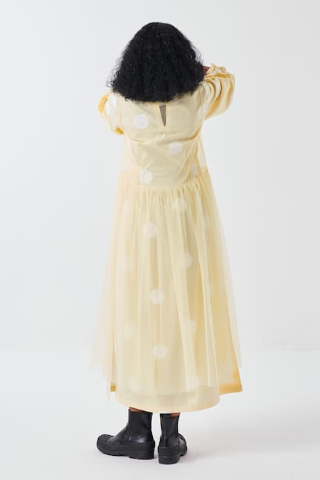Shop Three Yellow Poplin V-neck Butter Polka Midi Dress With Inner at Aza Fashions Shop_Three_Yellow Poplin V-neck Butter Polka Midi Dress With Inner _at_Aza_Fashions