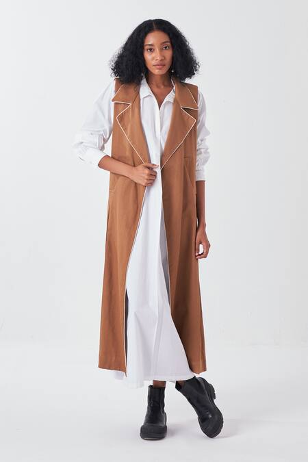 Three_Brown Cotton Piping Collared Sleeveless Long Jacket_Online_at_Aza_Fashions