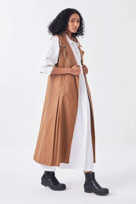 Shop_Three_Brown Cotton Piping Collared Sleeveless Long Jacket_Online_at_Aza_Fashions