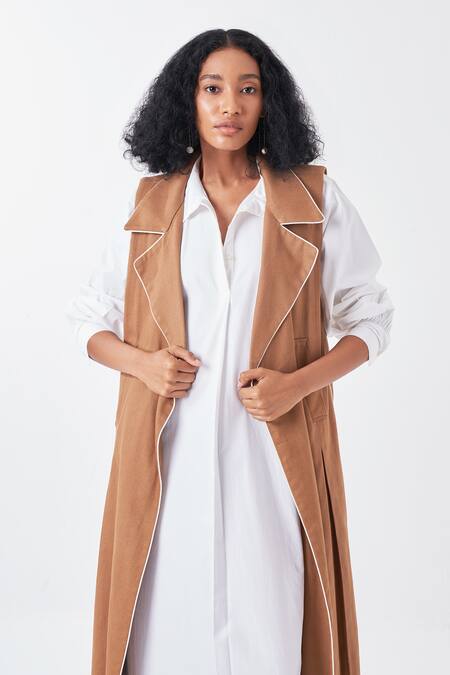 Three_Brown Cotton Piping Collared Sleeveless Long Jacket_at_Aza_Fashions
