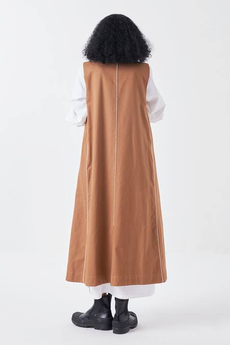 Shop_Three_Brown Cotton Piping Collared Sleeveless Long Jacket_at_Aza_Fashions