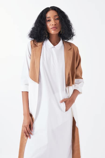 Shop_Three_White Chanderi, Poplin Collared Moon Applique Long Jacket _Online_at_Aza_Fashions