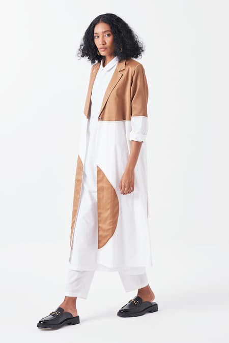Three_White Chanderi, Poplin Collared Moon Applique Long Jacket _at_Aza_Fashions