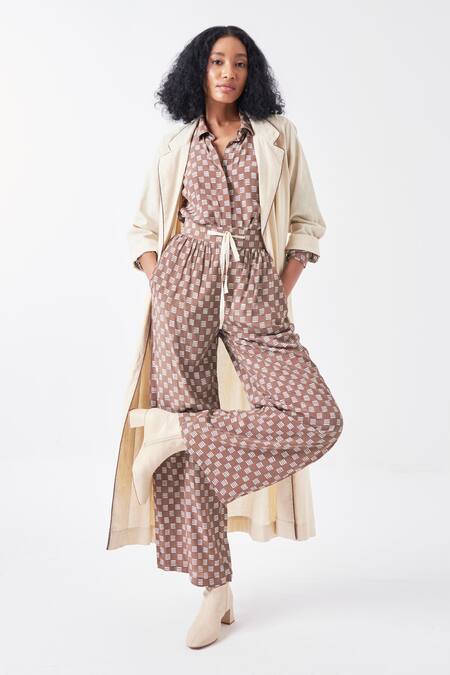 Three_Ivory Silk, Handloom Cotton Collared Floral Drawstring Long Jacket _Online_at_Aza_Fashions