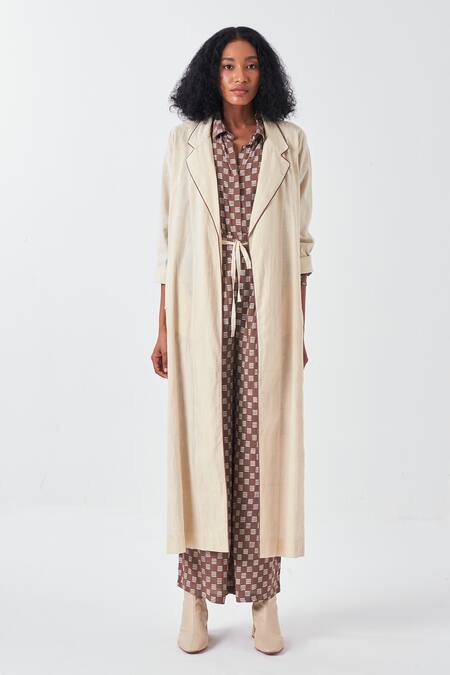 Buy_Three_Ivory Silk, Handloom Cotton Collared Floral Drawstring Long Jacket _Online_at_Aza_Fashions