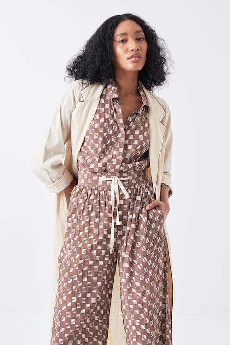 Shop_Three_Ivory Silk, Handloom Cotton Collared Floral Drawstring Long Jacket _Online_at_Aza_Fashions