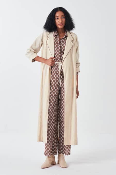 Three_Ivory Silk, Handloom Cotton Collared Floral Drawstring Long Jacket _at_Aza_Fashions