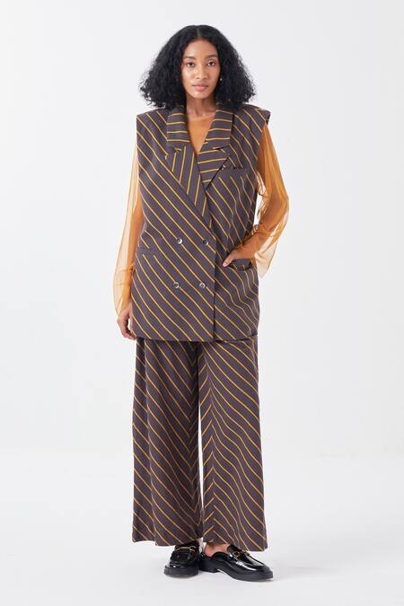 Three_Black Cotton Collared Diagonal Striped Waistcoat Jacket_Online_at_Aza_Fashions