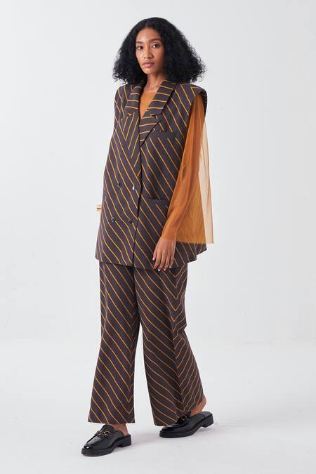 Buy_Three_Black Cotton Collared Diagonal Striped Waistcoat Jacket_Online_at_Aza_Fashions