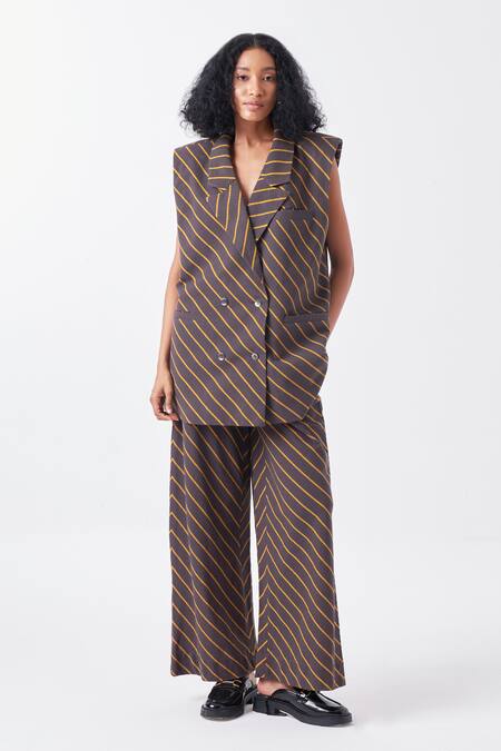 Three_Black Cotton Collared Diagonal Striped Waistcoat Jacket_at_Aza_Fashions