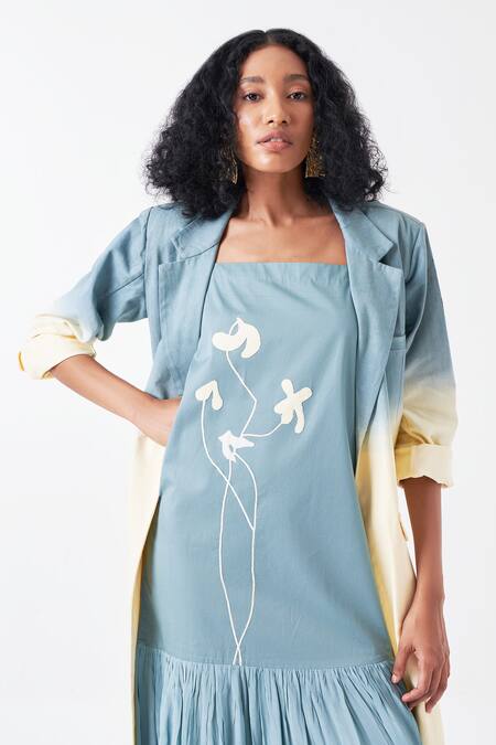 Three_Blue Cotton Collared Dip Dye Ombre Long Jacket _Online_at_Aza_Fashions