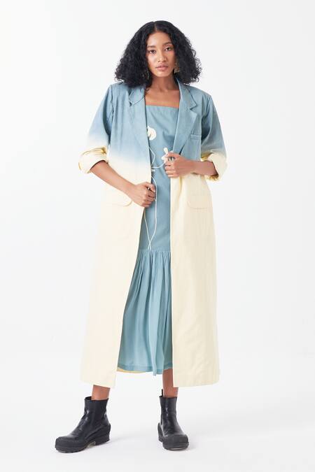 Buy_Three_Blue Cotton Collared Dip Dye Ombre Long Jacket _Online_at_Aza_Fashions