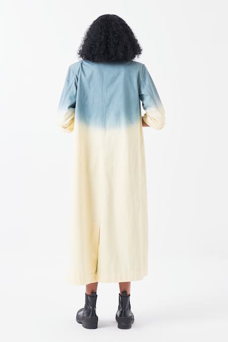 Shop_Three_Blue Cotton Collared Dip Dye Ombre Long Jacket _at_Aza_Fashions