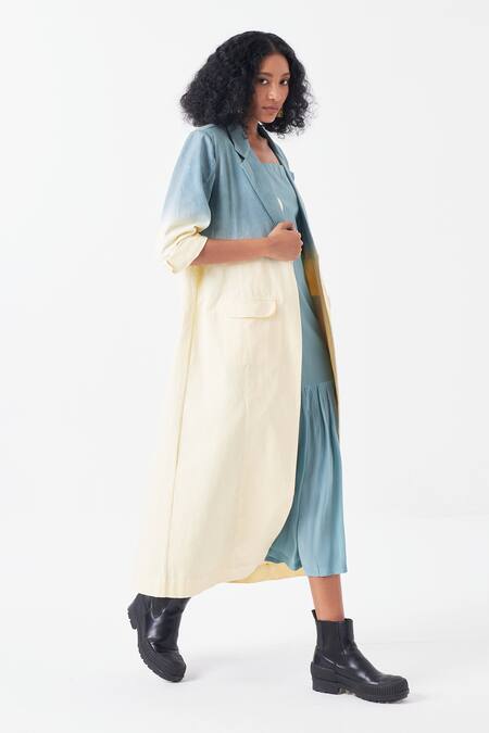 Shop_Three_Blue Cotton Collared Dip Dye Ombre Long Jacket _Online_at_Aza_Fashions