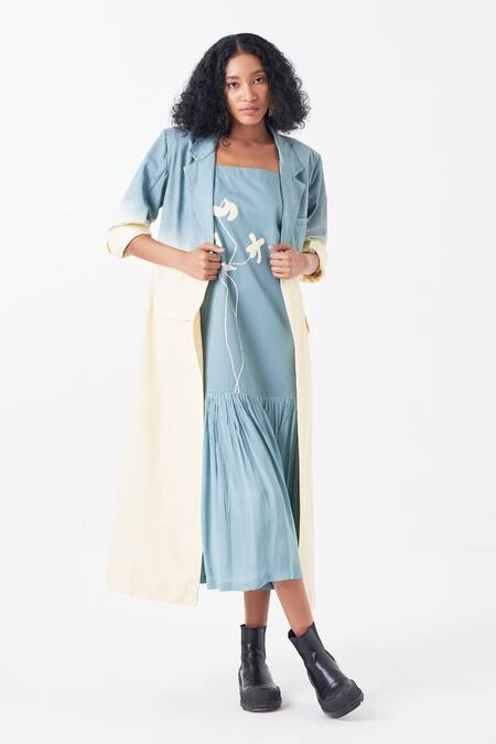 Three_Blue Cotton Collared Dip Dye Ombre Long Jacket _at_Aza_Fashions