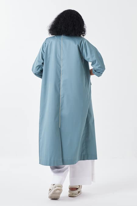 Shop Three Blue Poplin Applique Collared Poppy Long Jacket at Aza Fashions Shop_Three_Blue Poplin Applique Collared Poppy Long Jacket _at_Aza_Fashions