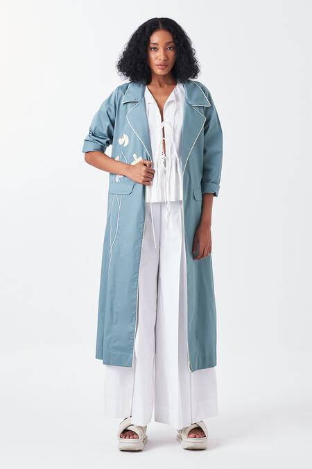 Three Blue Poplin Applique Collared Poppy Long Jacket Online at Aza Fashions Three_Blue Poplin Applique Collared Poppy Long Jacket _Online_at_Aza_Fashions