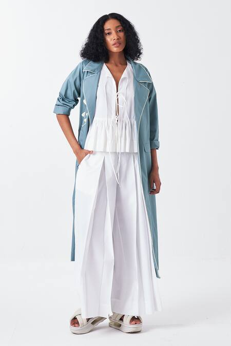 Buy Three Blue Poplin Applique Collared Poppy Long Jacket Online at Aza Fashions Buy_Three_Blue Poplin Applique Collared Poppy Long Jacket _Online_at_Aza_Fashions
