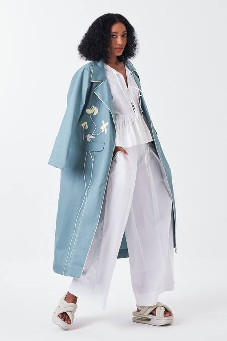 Shop Three Blue Poplin Applique Collared Poppy Long Jacket Online at Aza Fashions Shop_Three_Blue Poplin Applique Collared Poppy Long Jacket _Online_at_Aza_Fashions