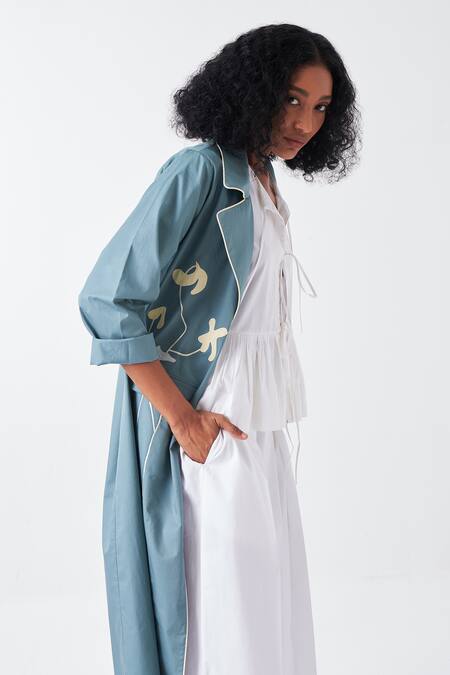 Three Blue Poplin Applique Collared Poppy Long Jacket at Aza Fashions Three_Blue Poplin Applique Collared Poppy Long Jacket _at_Aza_Fashions