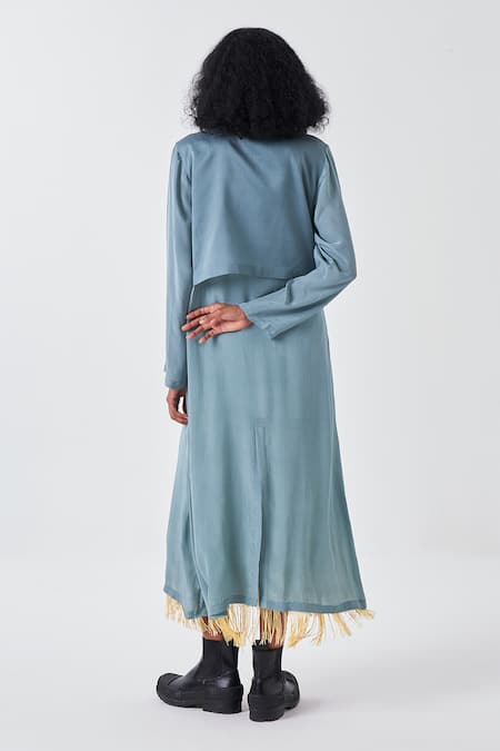 Shop Three Blue Crepe Fringe Collared Knot Tie-up Long Jacket at Aza Fashions Shop_Three_Blue Crepe Fringe Collared Knot Tie-up Long Jacket _at_Aza_Fashions