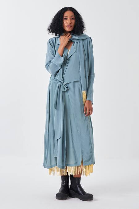 Three Blue Crepe Fringe Collared Knot Tie-up Long Jacket Online at Aza Fashions Three_Blue Crepe Fringe Collared Knot Tie-up Long Jacket _Online_at_Aza_Fashions