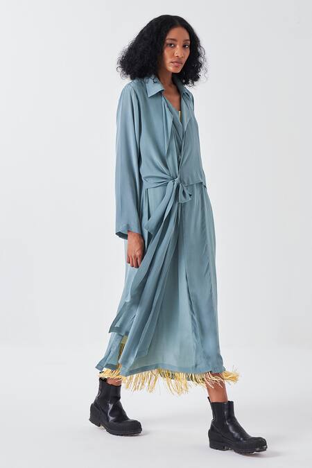 Buy Three Blue Crepe Fringe Collared Knot Tie-up Long Jacket Online at Aza Fashions Buy_Three_Blue Crepe Fringe Collared Knot Tie-up Long Jacket _Online_at_Aza_Fashions