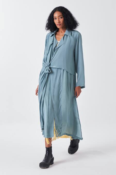 Shop Three Blue Crepe Fringe Collared Knot Tie-up Long Jacket Online at Aza Fashions Shop_Three_Blue Crepe Fringe Collared Knot Tie-up Long Jacket _Online_at_Aza_Fashions