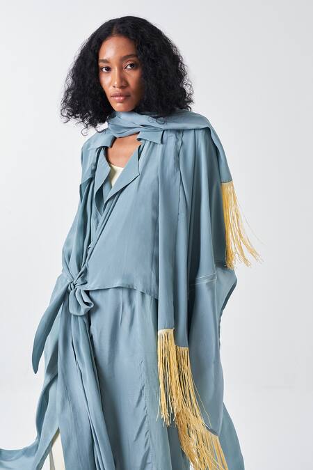 Three Blue Crepe Fringe Collared Knot Tie-up Long Jacket at Aza Fashions Three_Blue Crepe Fringe Collared Knot Tie-up Long Jacket _at_Aza_Fashions