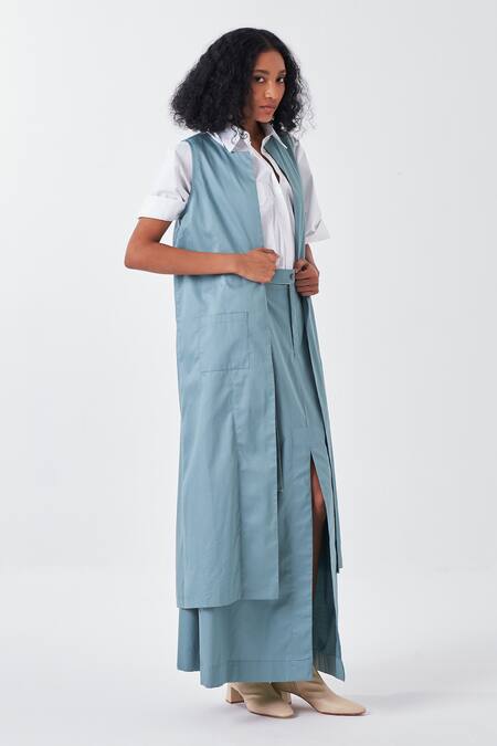 Three_Blue Crepe, Poplin Collared Pleated Back Long Jacket_Online_at_Aza_Fashions