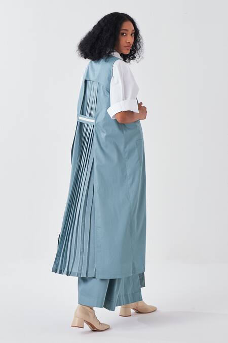 Buy_Three_Blue Crepe, Poplin Collared Pleated Back Long Jacket_Online_at_Aza_Fashions
