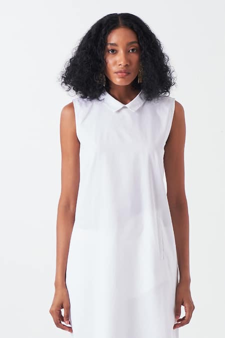 Shop Three White Poplin Collared Sleeveless Solid Tunic at Aza Fashions Shop_Three_White Poplin Collared Sleeveless Solid Tunic _at_Aza_Fashions