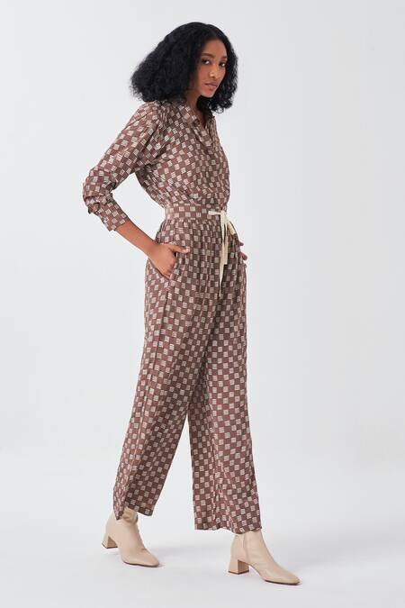 THREE_Brown Crepe Collared Brick Print Shirt _Online_at_Aza_Fashions
