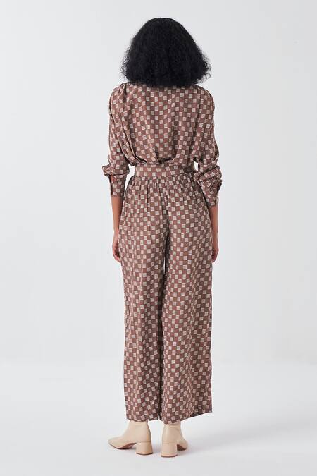 Shop_THREE_Brown Crepe Collared Brick Print Shirt _at_Aza_Fashions