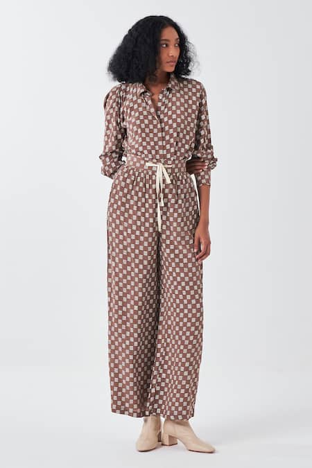 Buy_THREE_Brown Crepe Collared Brick Print Shirt _Online_at_Aza_Fashions