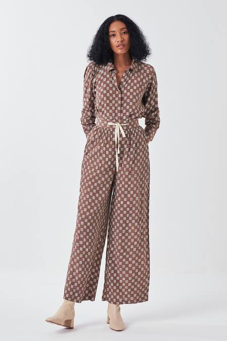 Shop_THREE_Brown Crepe Collared Brick Print Shirt _Online_at_Aza_Fashions